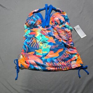 Your Best Look Tankini Top Women 14 Blue Orange Tropical Leaf Halter Ruched